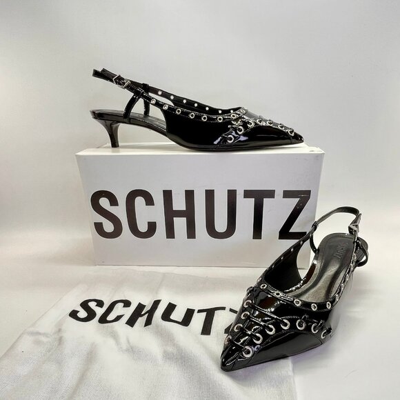 Schutz Ruth Patent Leather Slingback Pumps Size 8B Pointed Toe Eyelet Detail - Picture 1 of 16